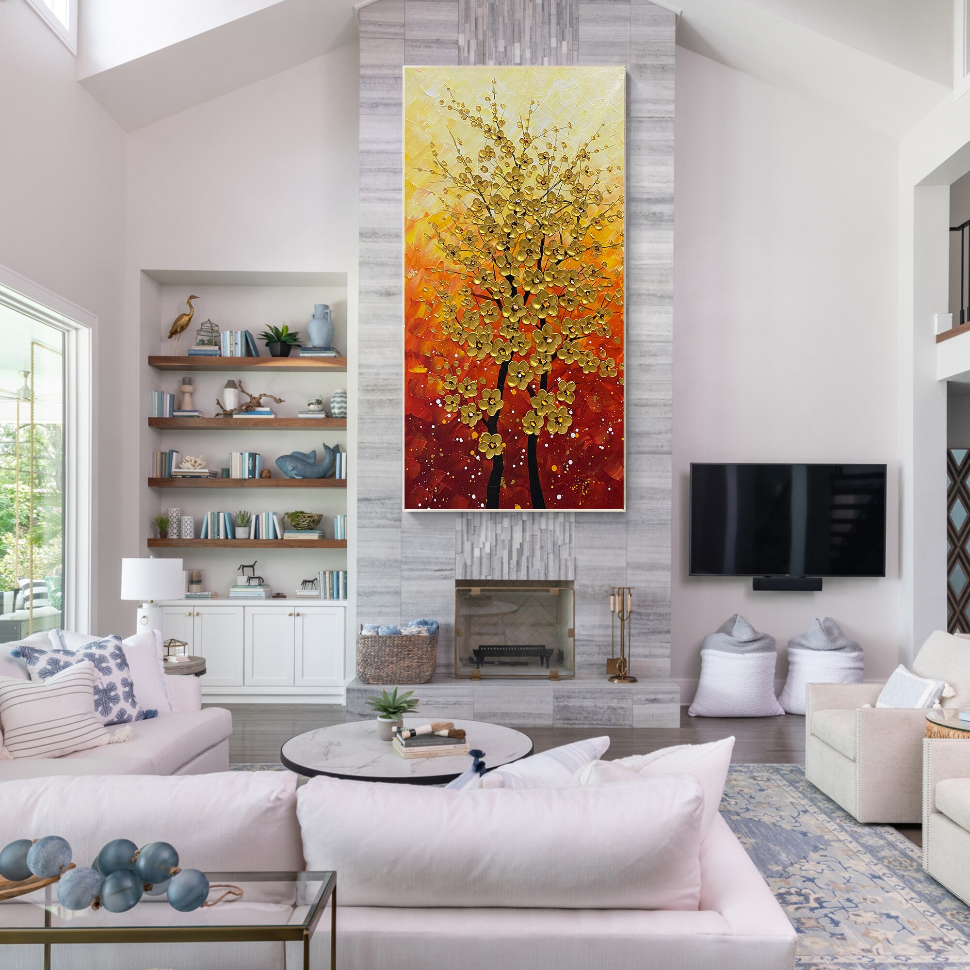 Pintura sobre lienzo de cuchillo de paleta de flores de &aacute;rbol dorado, flor Vertical, sala de estar, dormitorio, decoraci&oacute;n art&iacute;stica de pared del hogar