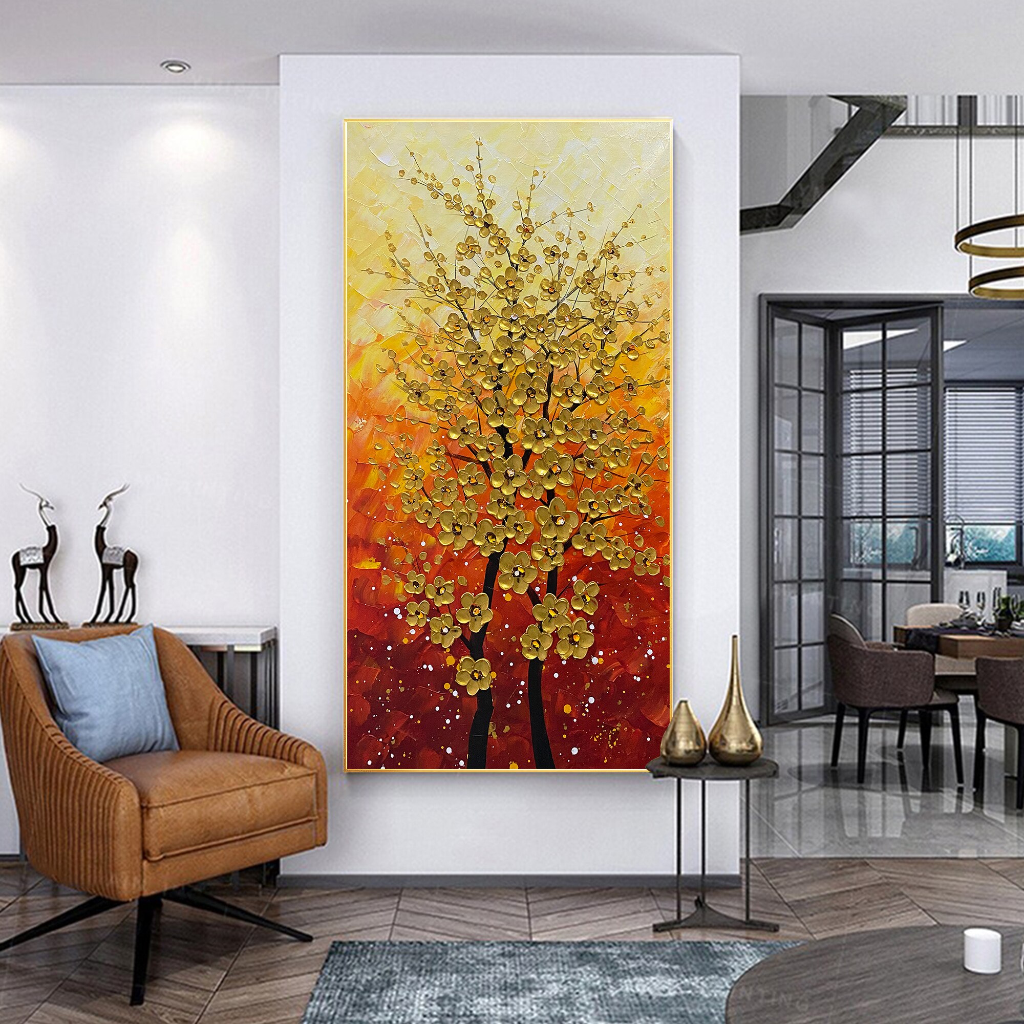 Pintura sobre lienzo de cuchillo de paleta de flores de &aacute;rbol dorado, flor Vertical, sala de estar, dormitorio, decoraci&oacute;n art&iacute;stica de pared del hogar