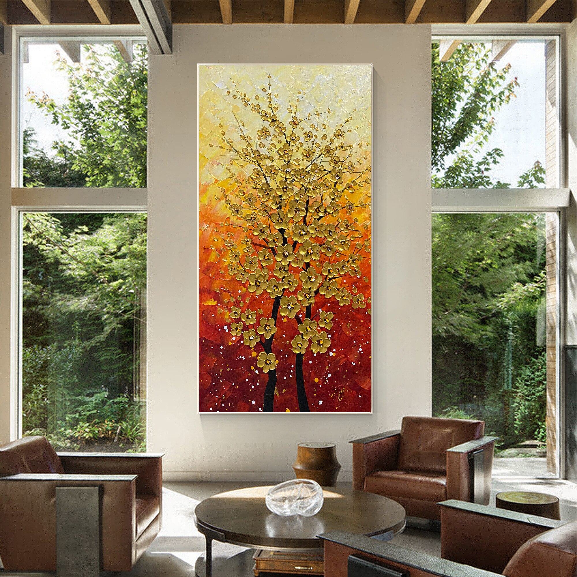 Pintura sobre lienzo de cuchillo de paleta de flores de &aacute;rbol dorado, flor Vertical, sala de estar, dormitorio, decoraci&oacute;n art&iacute;stica de pared del hogar