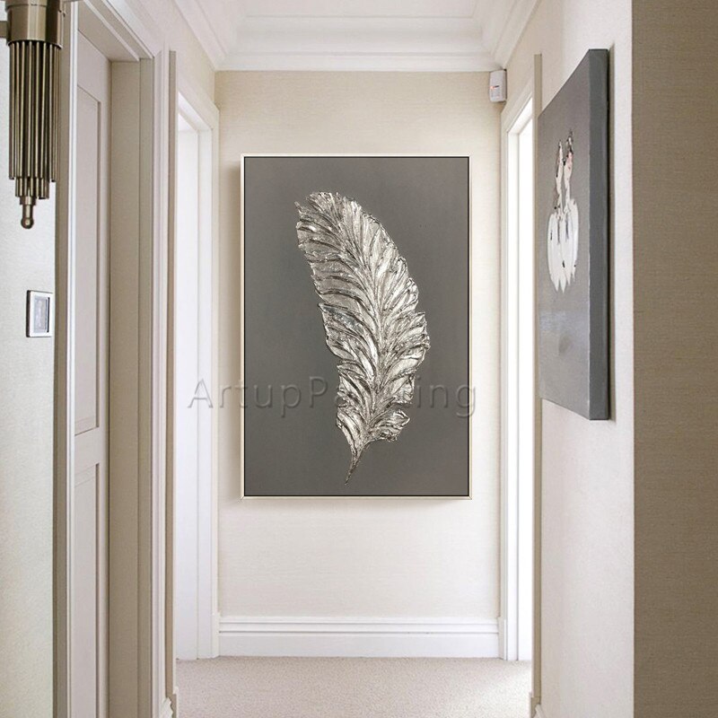 Pintura de plumas plateadas sobre lienzo, arte de pared, imagen moderna para sala de estar, acr&iacute;lico, pintado a mano, decoraci&oacute;n del hogar, cuadros, Caudros