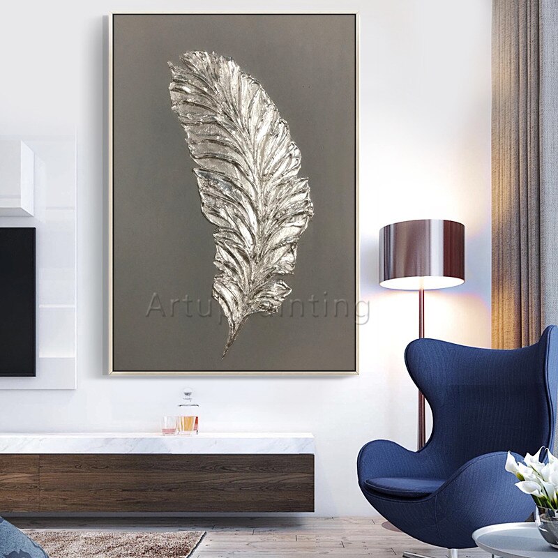 Pintura de plumas plateadas sobre lienzo, arte de pared, imagen moderna para sala de estar, acr&iacute;lico, pintado a mano, decoraci&oacute;n del hogar, cuadros, Caudros