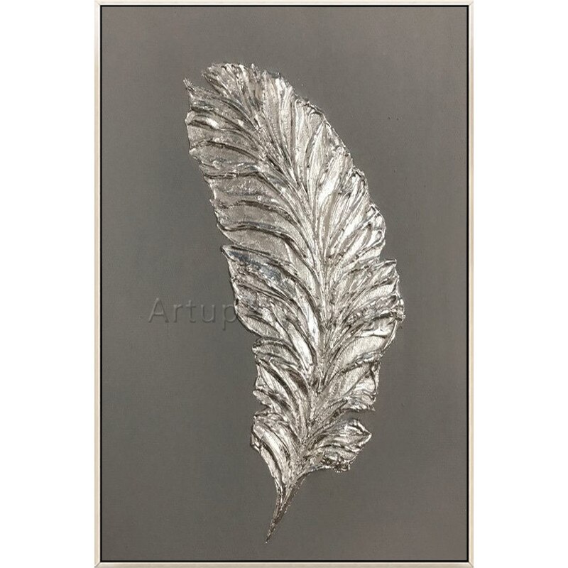 Pintura de plumas plateadas sobre lienzo, arte de pared, imagen moderna para sala de estar, acr&iacute;lico, pintado a mano, decoraci&oacute;n del hogar, cuadros, Caudros