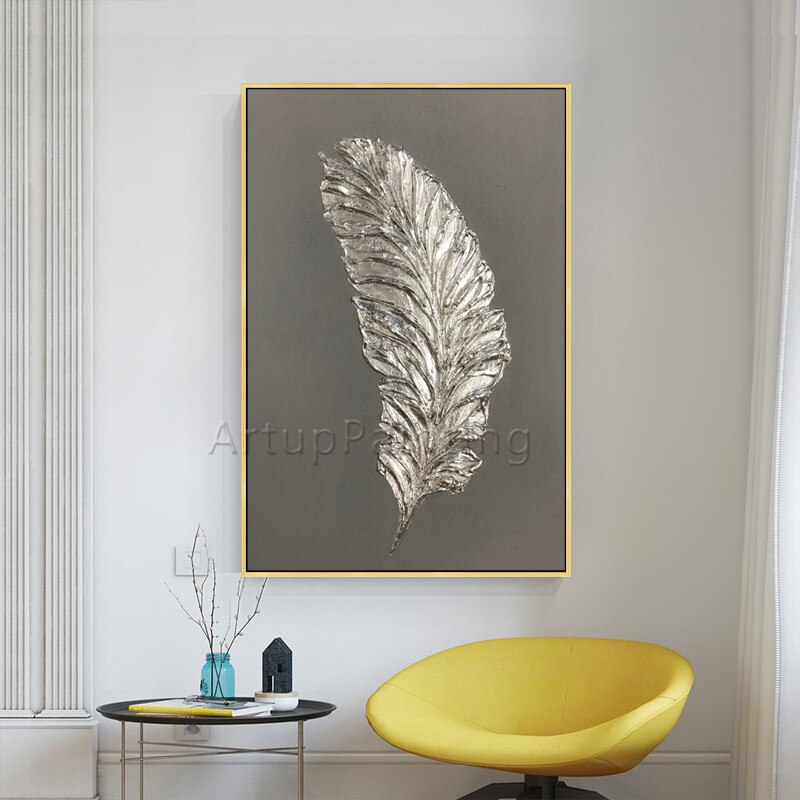 Pintura de plumas plateadas sobre lienzo, arte de pared, imagen moderna para sala de estar, acr&iacute;lico, pintado a mano, decoraci&oacute;n del hogar, cuadros, Caudros