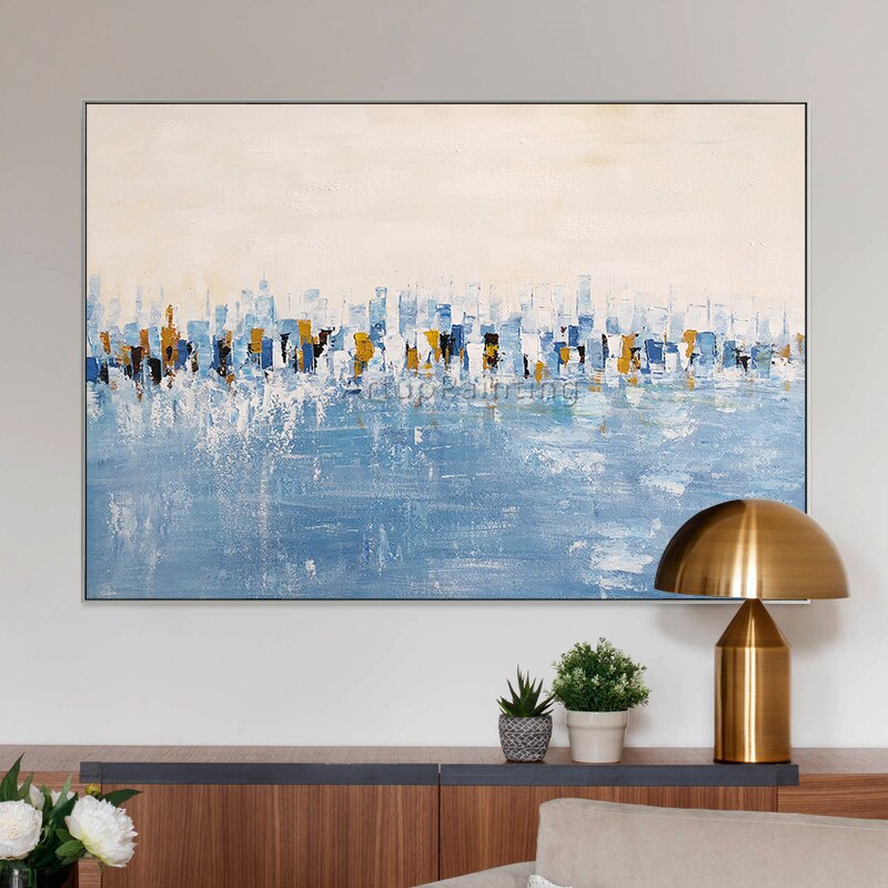 Pintura abstracta acr&iacute;lica azul, lienzo de textura pesada, cuadros de caudros, decoraci&oacute;n art&iacute;stica de pared, im&aacute;genes para sala de estar y el hogar