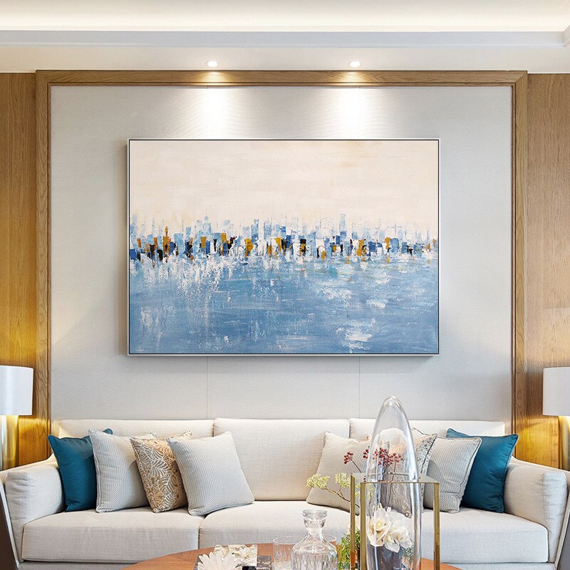 Pintura abstracta acr&iacute;lica azul, lienzo de textura pesada, cuadros de caudros, decoraci&oacute;n art&iacute;stica de pared, im&aacute;genes para sala de estar y el hogar