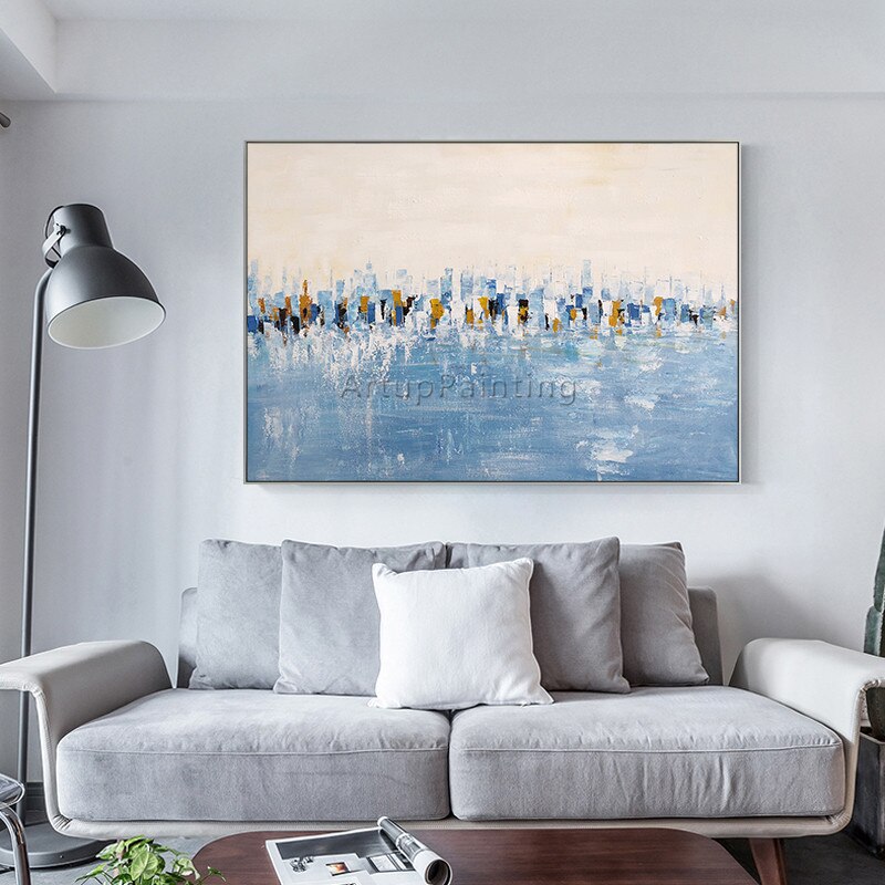 Pintura abstracta acr&iacute;lica azul, lienzo de textura pesada, cuadros de caudros, decoraci&oacute;n art&iacute;stica de pared, im&aacute;genes para sala de estar y el hogar