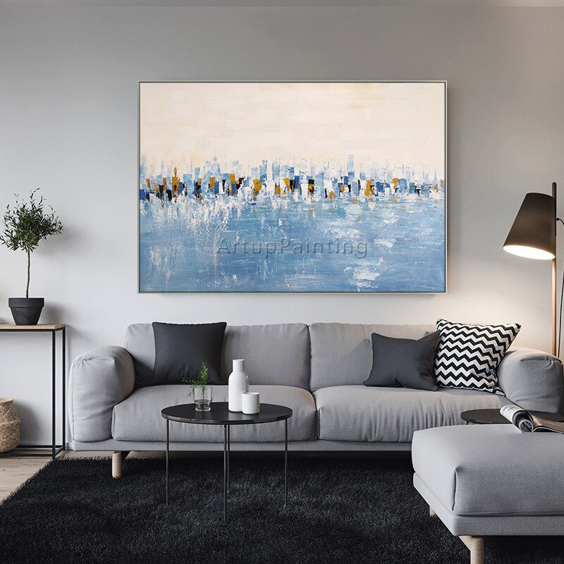 Pintura abstracta acr&iacute;lica azul, lienzo de textura pesada, cuadros de caudros, decoraci&oacute;n art&iacute;stica de pared, im&aacute;genes para sala de estar y el hogar