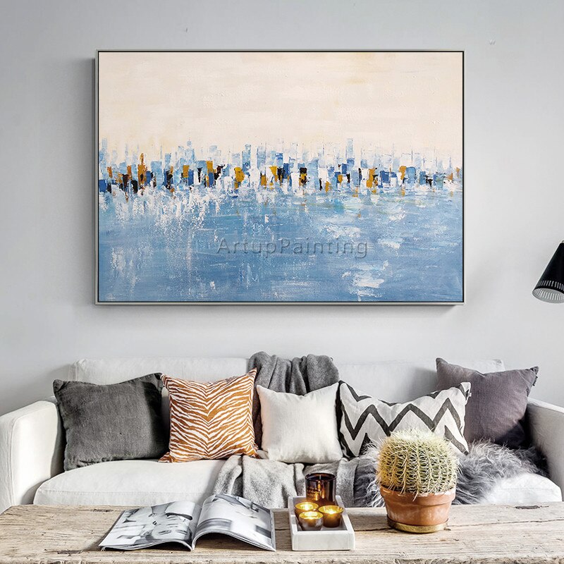 Pintura abstracta acr&iacute;lica azul, lienzo de textura pesada, cuadros de caudros, decoraci&oacute;n art&iacute;stica de pared, im&aacute;genes para sala de estar y el hogar