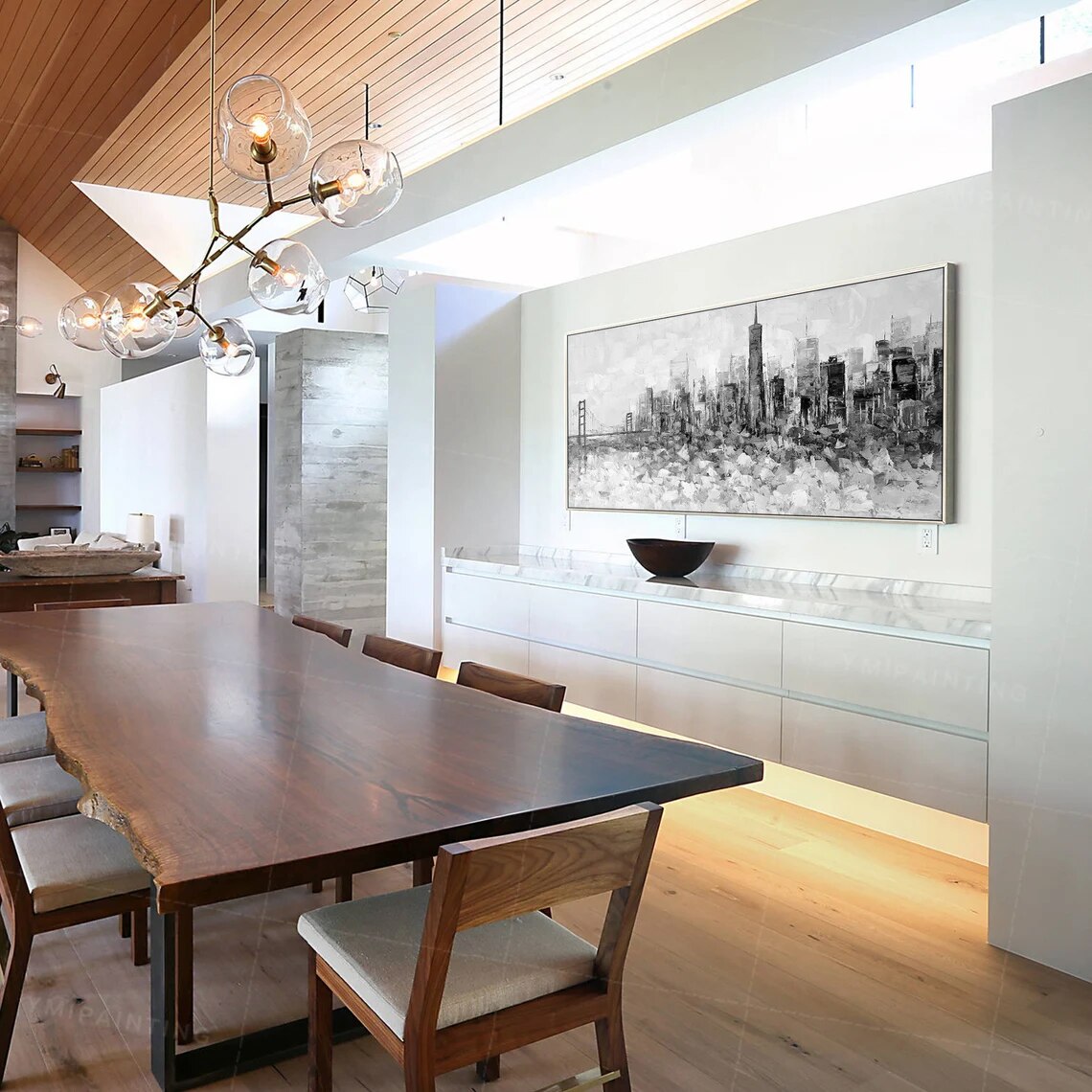 Arte en blanco y negro, skyline de San Francisco, arte de pared grande, arte abstracto, Arte Negro, arte enmarcado, arte de cuchillo de paleta, arte texturizado