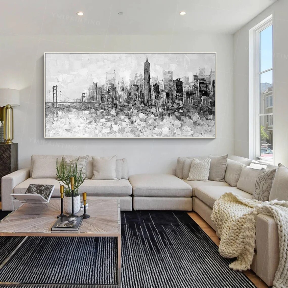 Arte en blanco y negro, skyline de San Francisco, arte de pared grande, arte abstracto, Arte Negro, arte enmarcado, arte de cuchillo de paleta, arte texturizado