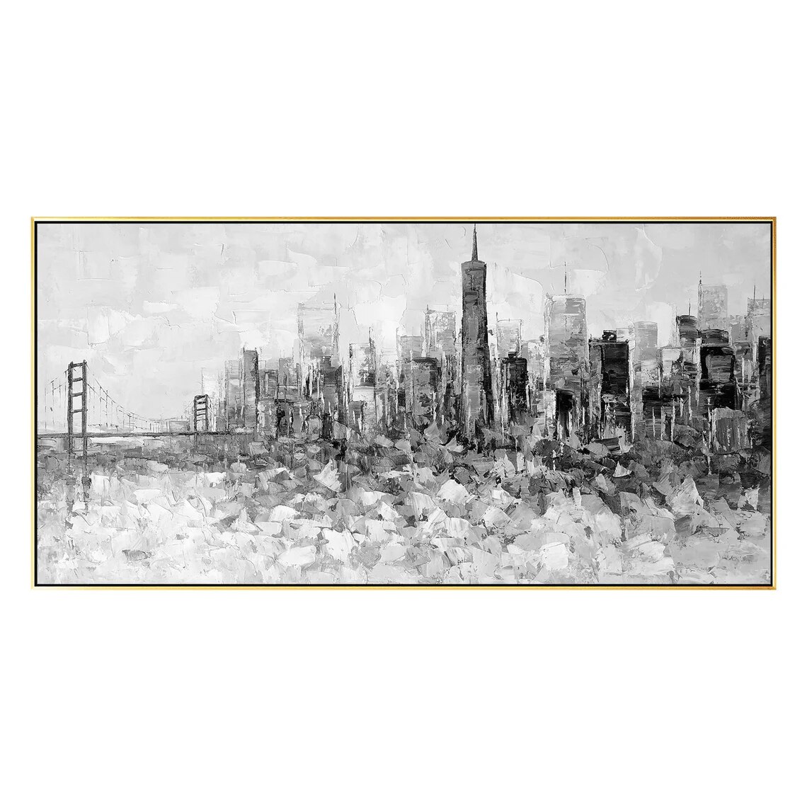 Arte en blanco y negro, skyline de San Francisco, arte de pared grande, arte abstracto, Arte Negro, arte enmarcado, arte de cuchillo de paleta, arte texturizado