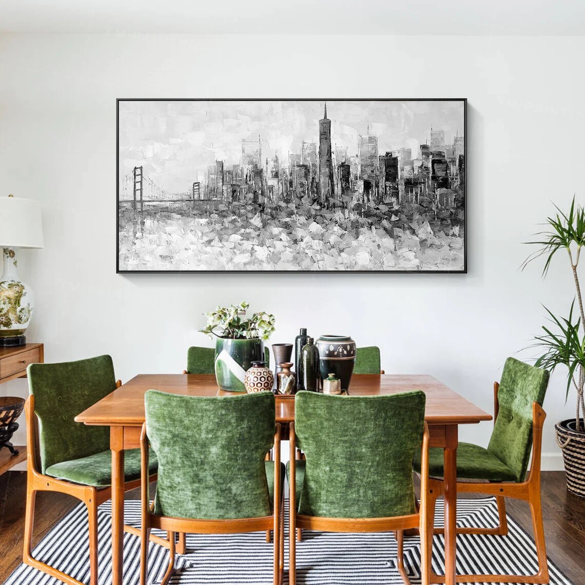 Arte en blanco y negro, skyline de San Francisco, arte de pared grande, arte abstracto, Arte Negro, arte enmarcado, arte de cuchillo de paleta, arte texturizado