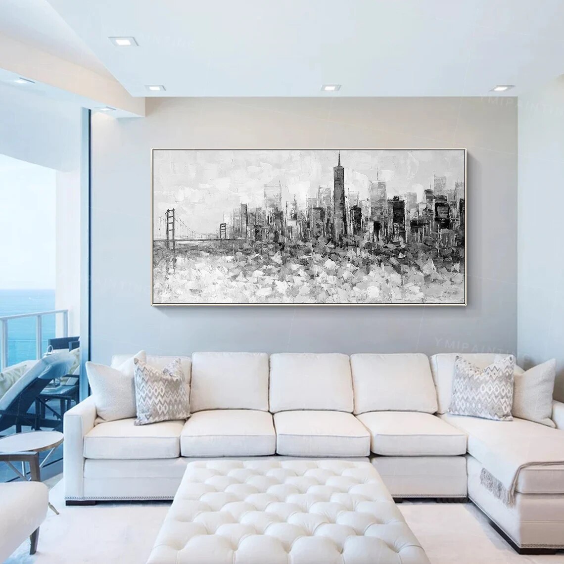 Arte en blanco y negro, skyline de San Francisco, arte de pared grande, arte abstracto, Arte Negro, arte enmarcado, arte de cuchillo de paleta, arte texturizado