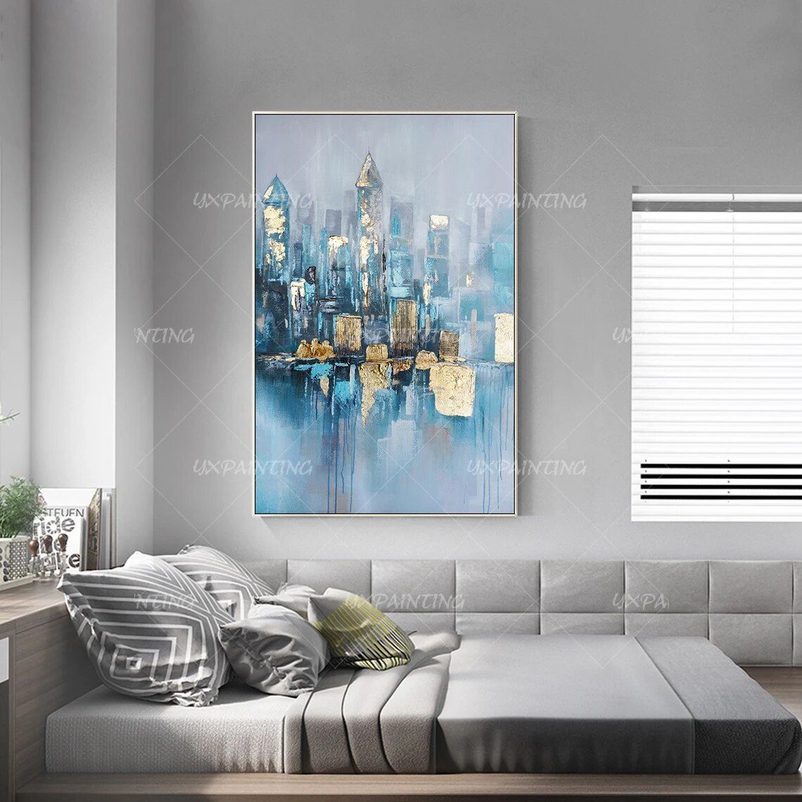 Lienzo de pintura de paisaje urbano pintado a mano, arte de pared de textura Original, decoraci&oacute;n de Arte de pared enmarcada para sala de estar/dormitorio