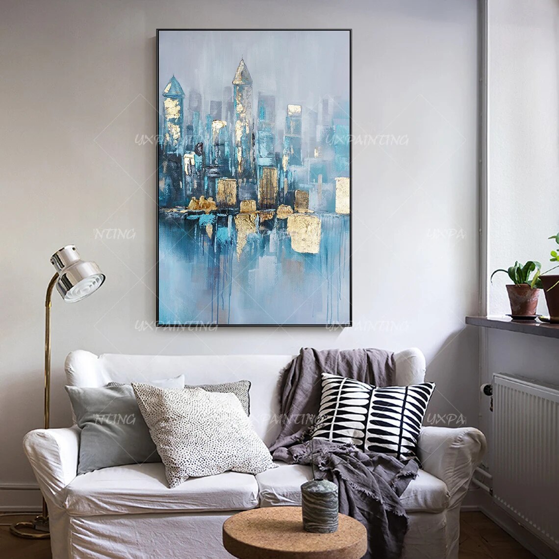 Lienzo de pintura de paisaje urbano pintado a mano, arte de pared de textura Original, decoraci&oacute;n de Arte de pared enmarcada para sala de estar/dormitorio