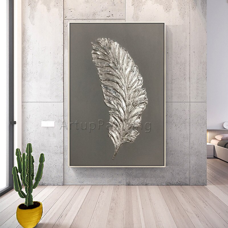 Pintura acr&iacute;lica al &oacute;leo pintada a mano de plumas doradas y plateadas, lienzo grande, arte de pared negro, decoraci&oacute;n moderna abstracta para el hogar, sala de estar