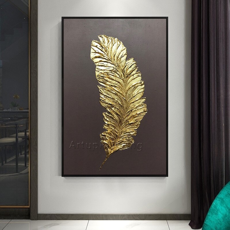 Pintura acr&iacute;lica al &oacute;leo pintada a mano de plumas doradas y plateadas, lienzo grande, arte de pared negro, decoraci&oacute;n moderna abstracta para el hogar, sala de estar
