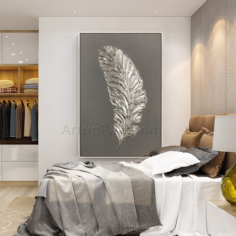Pintura acr&iacute;lica al &oacute;leo pintada a mano de plumas doradas y plateadas, lienzo grande, arte de pared negro, decoraci&oacute;n moderna abstracta para el hogar, sala de estar