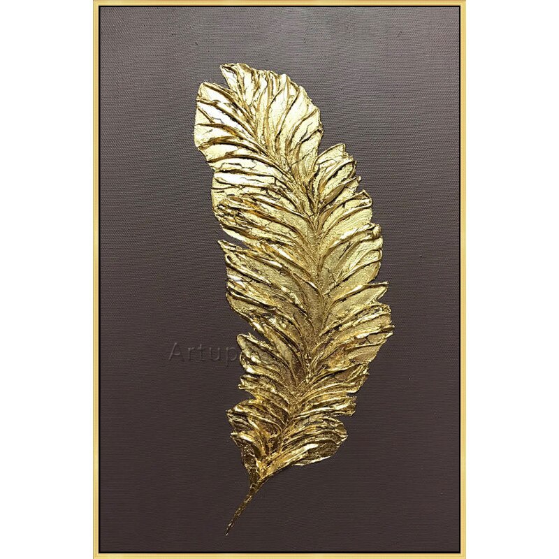 Pintura acr&iacute;lica al &oacute;leo pintada a mano de plumas doradas y plateadas, lienzo grande, arte de pared negro, decoraci&oacute;n moderna abstracta para el hogar, sala de estar
