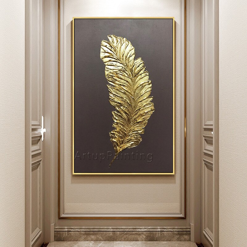 Pintura acr&iacute;lica al &oacute;leo pintada a mano de plumas doradas y plateadas, lienzo grande, arte de pared negro, decoraci&oacute;n moderna abstracta para el hogar, sala de estar