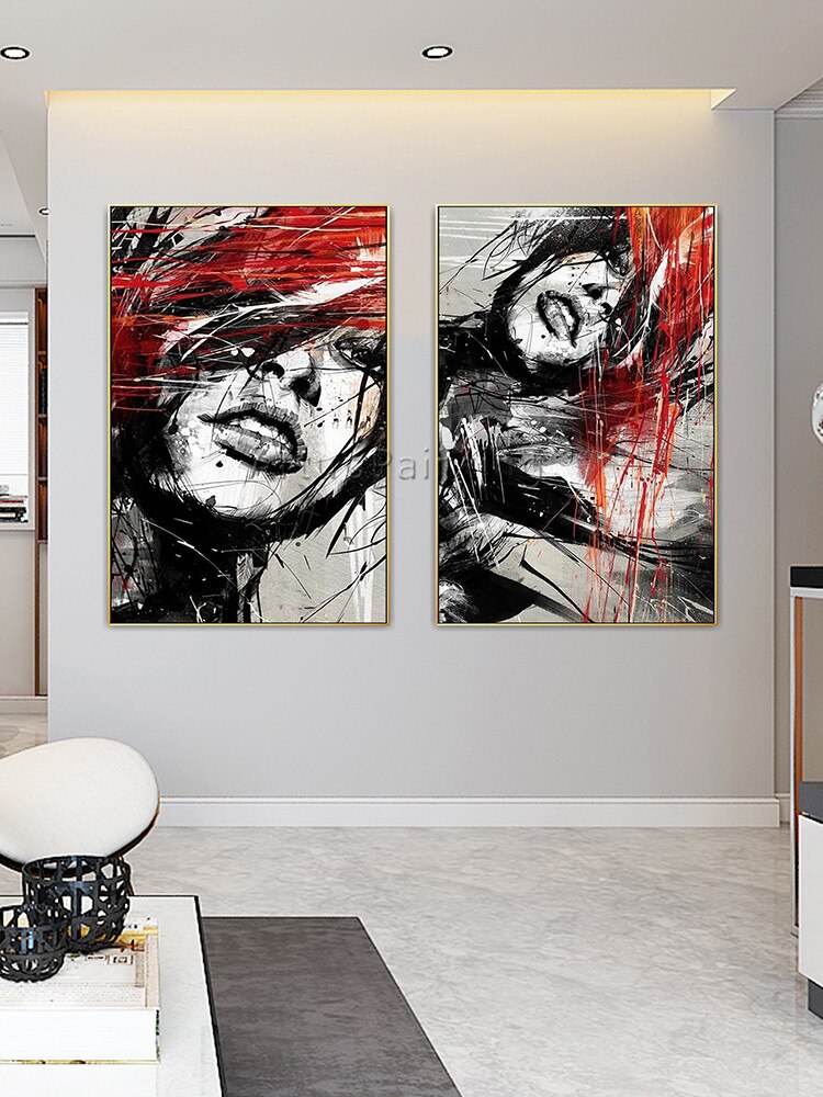 Juego de 2 pinturas al &oacute;leo sobre lienzo para decoraci&oacute;n de sala de estar, pintura abstracta moderna pintada a mano en rojo y negro, retrato de mujer