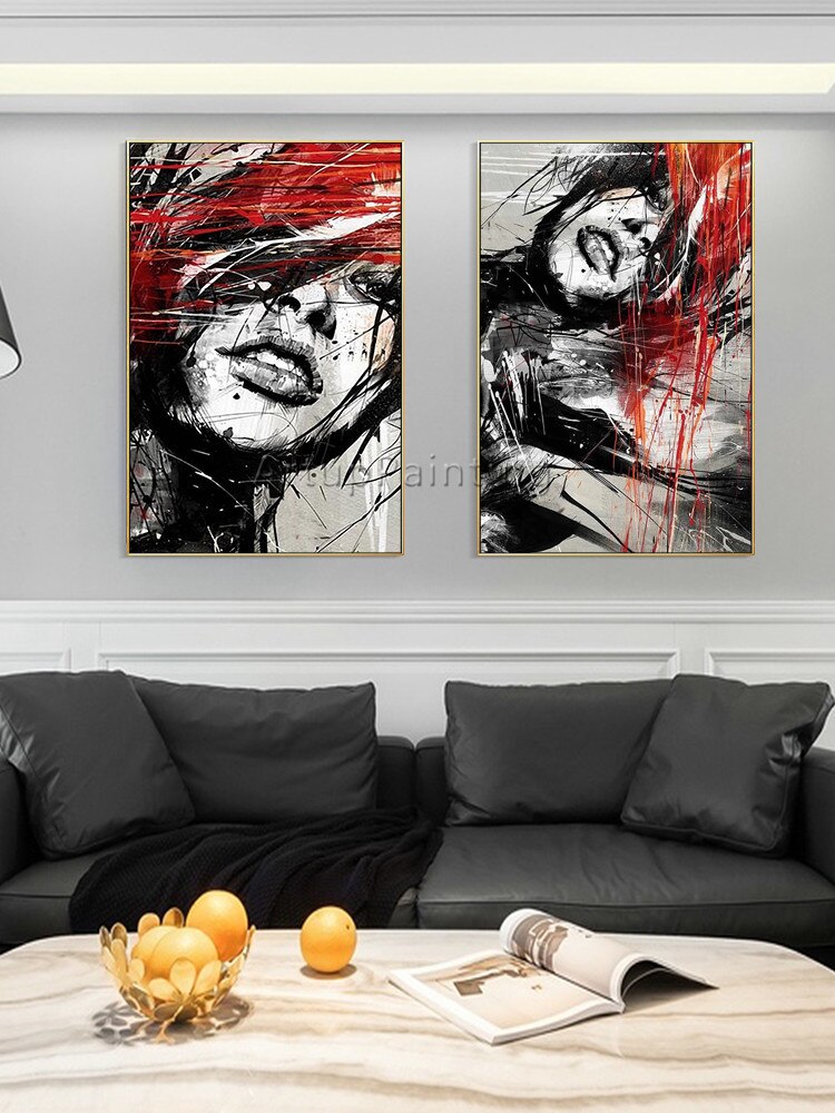 Juego de 2 pinturas al &oacute;leo sobre lienzo para decoraci&oacute;n de sala de estar, pintura abstracta moderna pintada a mano en rojo y negro, retrato de mujer