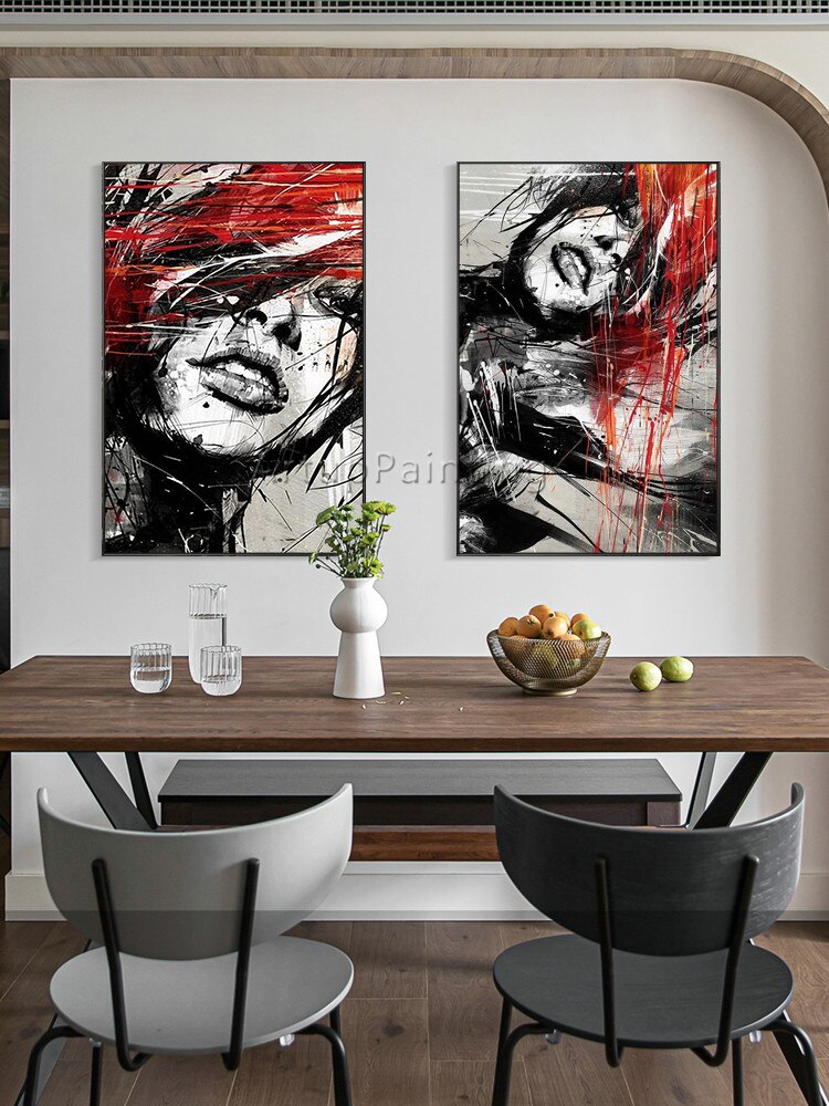 Juego de 2 pinturas al &oacute;leo sobre lienzo para decoraci&oacute;n de sala de estar, pintura abstracta moderna pintada a mano en rojo y negro, retrato de mujer