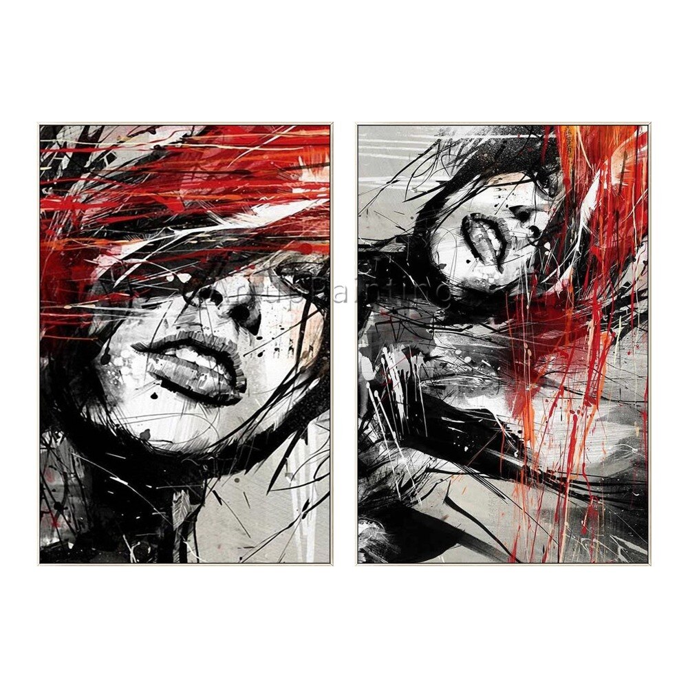 Juego de 2 pinturas al &oacute;leo sobre lienzo para decoraci&oacute;n de sala de estar, pintura abstracta moderna pintada a mano en rojo y negro, retrato de mujer