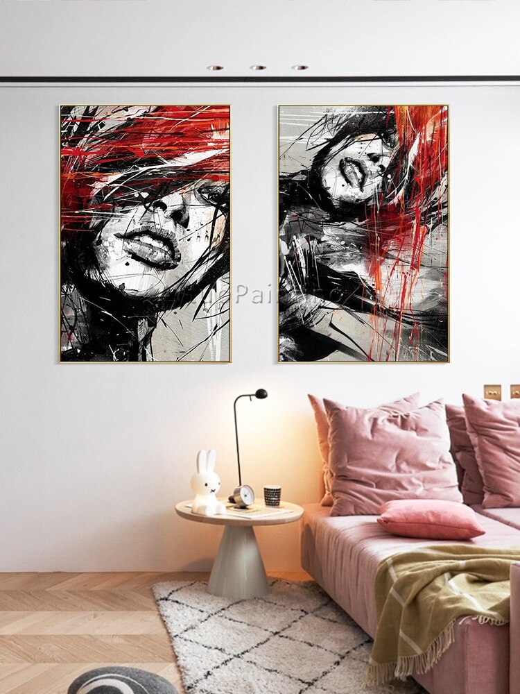 Juego de 2 pinturas al &oacute;leo sobre lienzo para decoraci&oacute;n de sala de estar, pintura abstracta moderna pintada a mano en rojo y negro, retrato de mujer