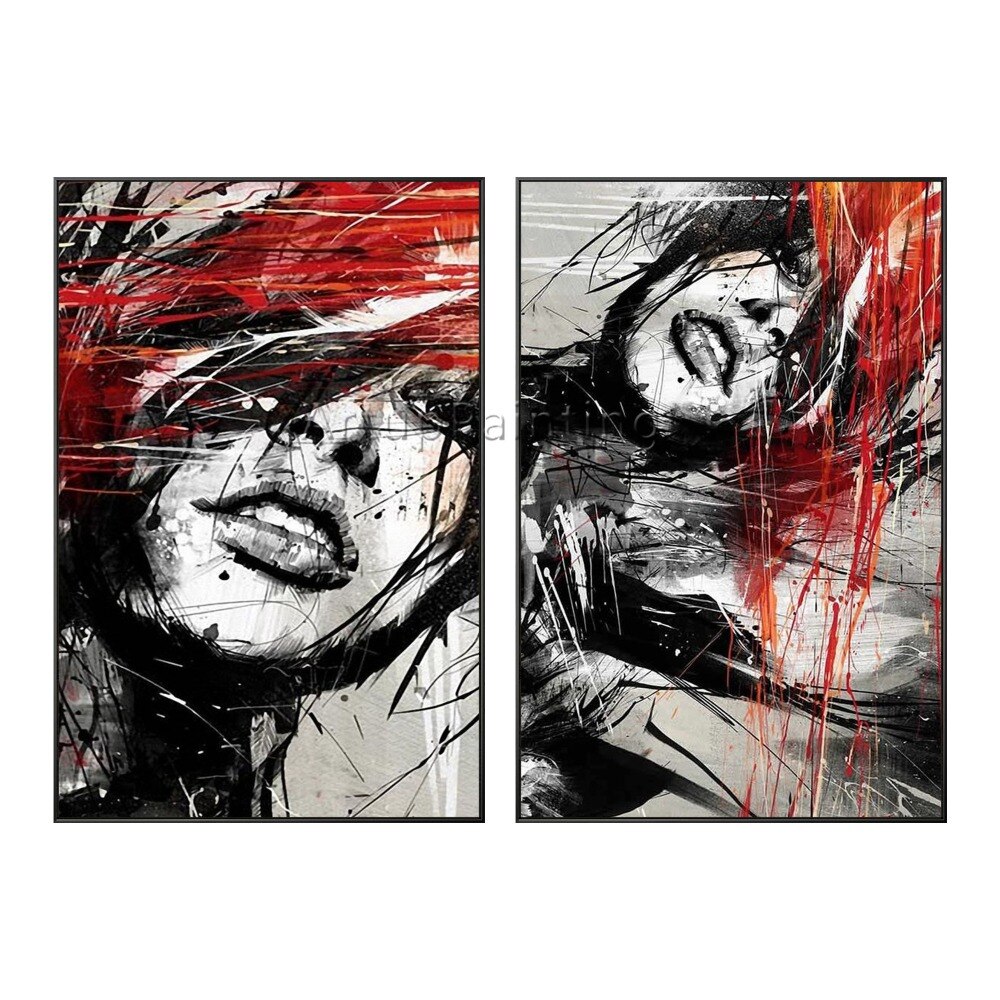Juego de 2 pinturas al &oacute;leo sobre lienzo para decoraci&oacute;n de sala de estar, pintura abstracta moderna pintada a mano en rojo y negro, retrato de mujer