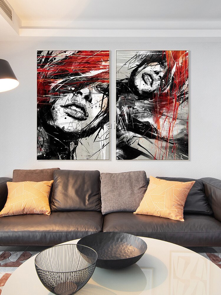 Juego de 2 pinturas al &oacute;leo sobre lienzo para decoraci&oacute;n de sala de estar, pintura abstracta moderna pintada a mano en rojo y negro, retrato de mujer