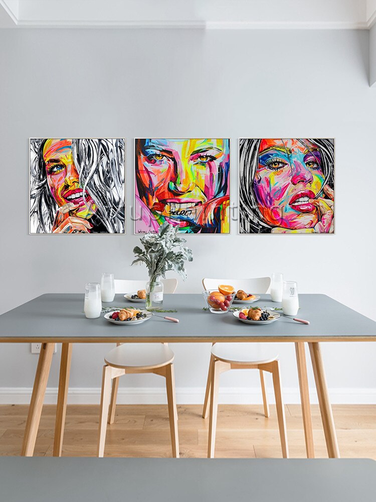 Juego de 3 paletas modernas pintadas a mano, pintura facial de retrato en lienzo, imágenes artísticas de pared para decoración de pared de sala de estar Juego de 3 paletas modernas pintadas a mano, pintura facial de retrato en lienzo, imágenes artísticas de pared para decoración de pared de sala de estar