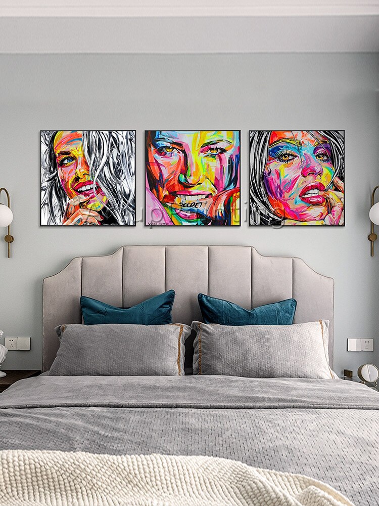 Juego de 3 paletas modernas pintadas a mano, pintura facial de retrato en lienzo, imágenes artísticas de pared para decoración de pared de sala de estar Juego de 3 paletas modernas pintadas a mano, pintura facial de retrato en lienzo, imágenes artísticas de pared para decoración de pared de sala de estar