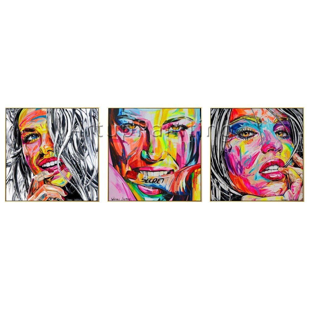 Juego de 3 paletas modernas pintadas a mano, pintura facial de retrato en lienzo, imágenes artísticas de pared para decoración de pared de sala de estar Juego de 3 paletas modernas pintadas a mano, pintura facial de retrato en lienzo, imágenes artísticas de pared para decoración de pared de sala de estar