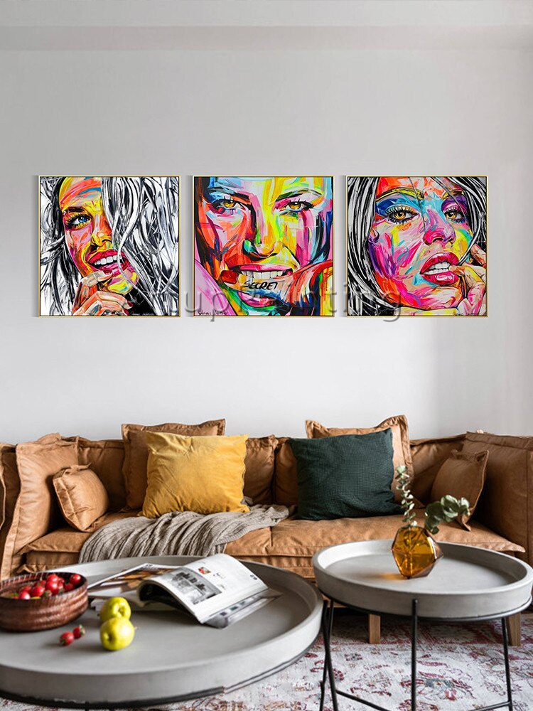 Juego de 3 paletas modernas pintadas a mano, pintura facial de retrato en lienzo, imágenes artísticas de pared para decoración de pared de sala de estar Juego de 3 paletas modernas pintadas a mano, pintura facial de retrato en lienzo, imágenes artísticas de pared para decoración de pared de sala de estar