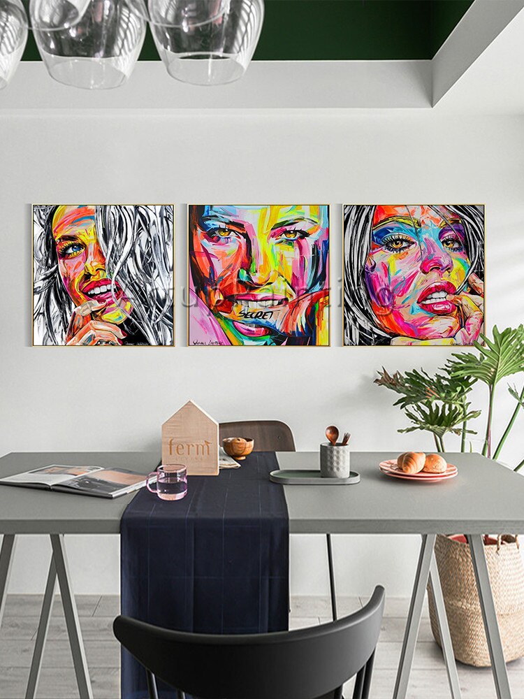 Juego de 3 paletas modernas pintadas a mano, pintura facial de retrato en lienzo, imágenes artísticas de pared para decoración de pared de sala de estar Juego de 3 paletas modernas pintadas a mano, pintura facial de retrato en lienzo, imágenes artísticas de pared para decoración de pared de sala de estar