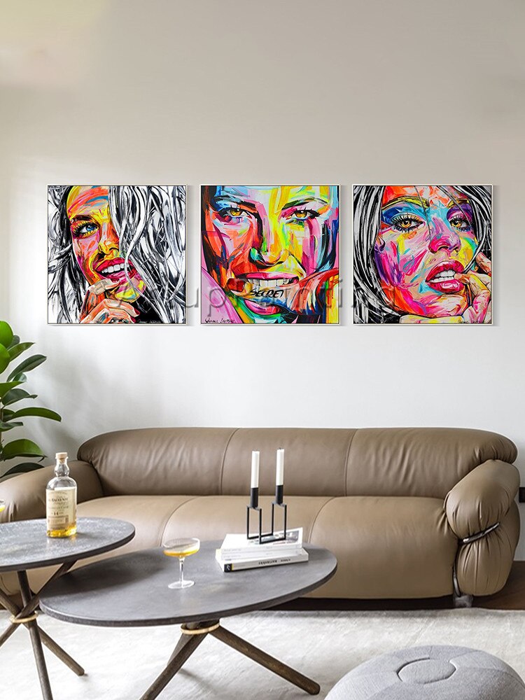 Juego de 3 paletas modernas pintadas a mano, pintura facial de retrato en lienzo, imágenes artísticas de pared para decoración de pared de sala de estar Juego de 3 paletas modernas pintadas a mano, pintura facial de retrato en lienzo, imágenes artísticas de pared para decoración de pared de sala de estar