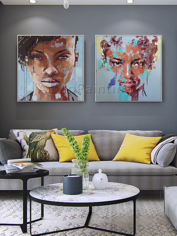 Conjunto de 2 pinturas al óleo sobre lienzo para decoración de sala de estar, pintura abstracta moderna pintada a mano, retrato de mujer, cara azul Conjunto de 2 pinturas al óleo sobre lienzo para decoración de sala de estar, pintura abstracta moderna pintada a mano, retrato de mujer, cara azul