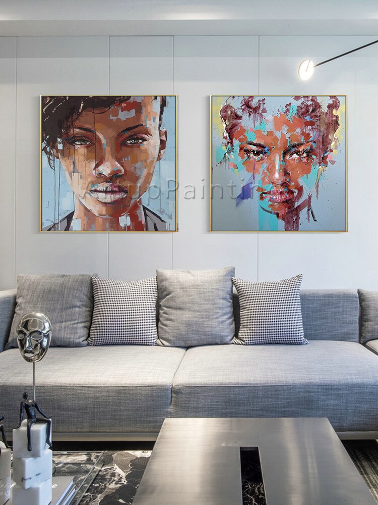 Conjunto de 2 pinturas al óleo sobre lienzo para decoración de sala de estar, pintura abstracta moderna pintada a mano, retrato de mujer, cara azul Conjunto de 2 pinturas al óleo sobre lienzo para decoración de sala de estar, pintura abstracta moderna pintada a mano, retrato de mujer, cara azul