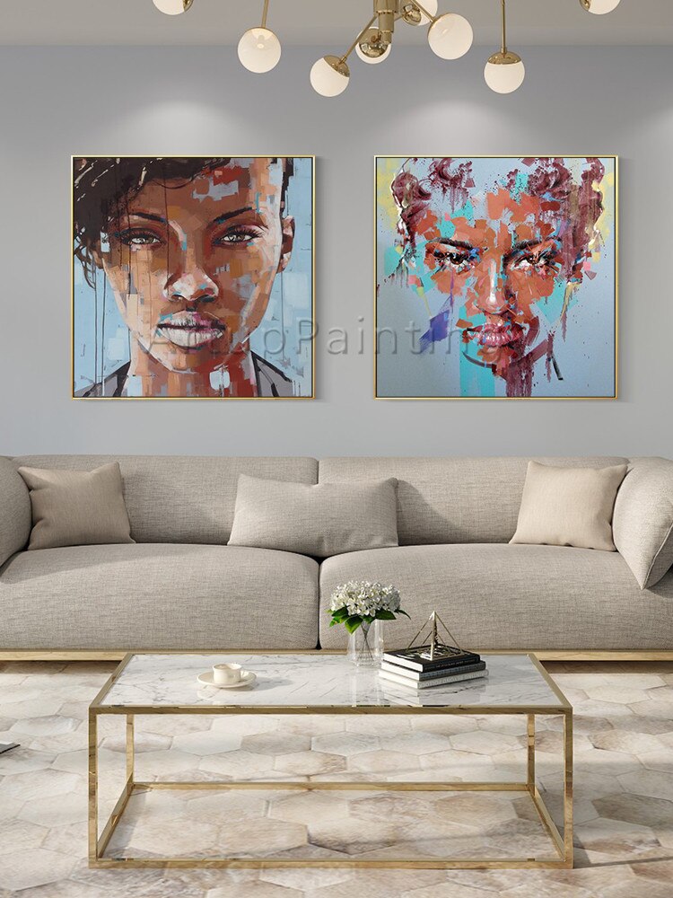 Conjunto de 2 pinturas al óleo sobre lienzo para decoración de sala de estar, pintura abstracta moderna pintada a mano, retrato de mujer, cara azul Conjunto de 2 pinturas al óleo sobre lienzo para decoración de sala de estar, pintura abstracta moderna pintada a mano, retrato de mujer, cara azul