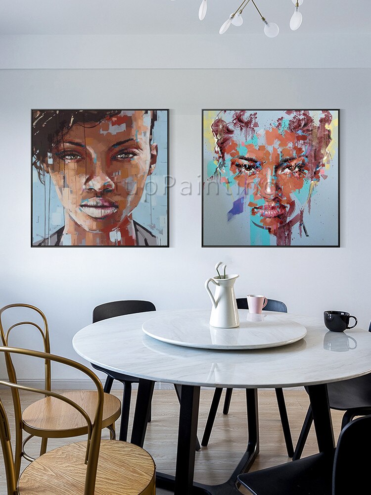 Conjunto de 2 pinturas al óleo sobre lienzo para decoración de sala de estar, pintura abstracta moderna pintada a mano, retrato de mujer, cara azul Conjunto de 2 pinturas al óleo sobre lienzo para decoración de sala de estar, pintura abstracta moderna pintada a mano, retrato de mujer, cara azul
