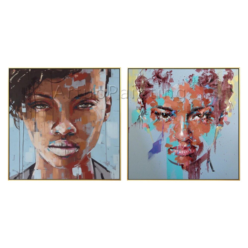 Conjunto de 2 pinturas al óleo sobre lienzo para decoración de sala de estar, pintura abstracta moderna pintada a mano, retrato de mujer, cara azul Conjunto de 2 pinturas al óleo sobre lienzo para decoración de sala de estar, pintura abstracta moderna pintada a mano, retrato de mujer, cara azul