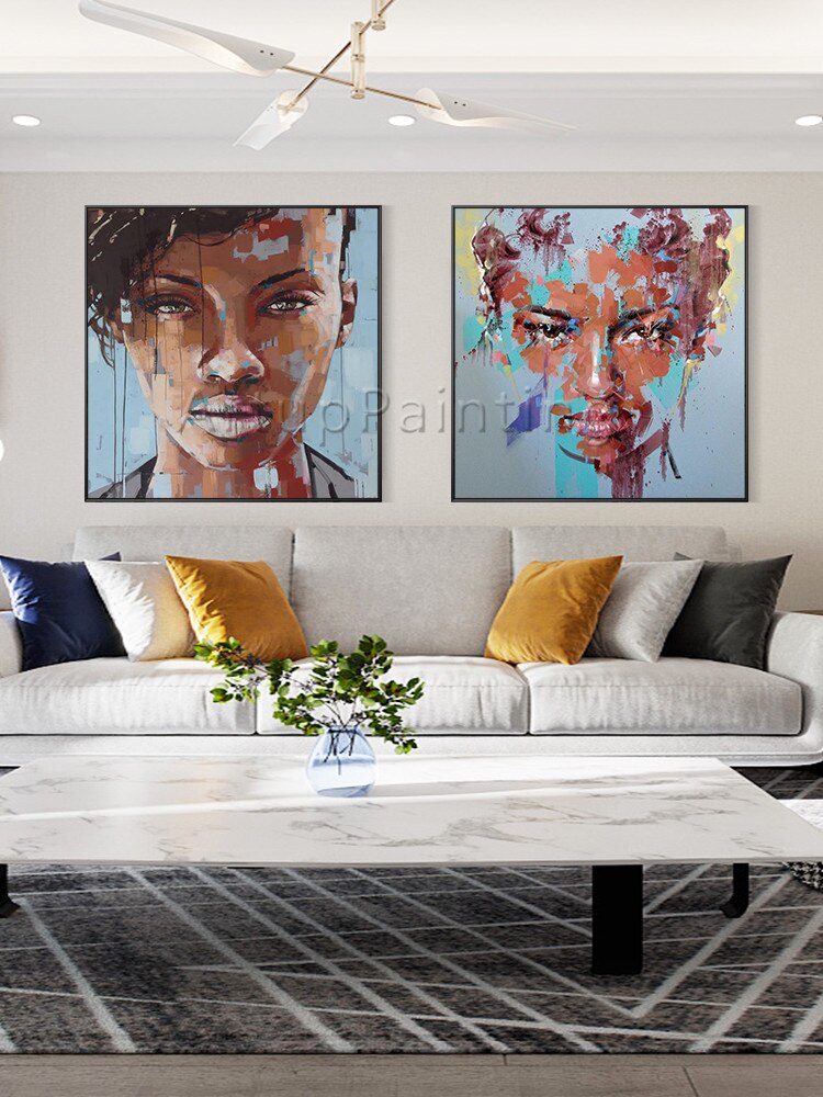 Conjunto de 2 pinturas al óleo sobre lienzo para decoración de sala de estar, pintura abstracta moderna pintada a mano, retrato de mujer, cara azul Conjunto de 2 pinturas al óleo sobre lienzo para decoración de sala de estar, pintura abstracta moderna pintada a mano, retrato de mujer, cara azul