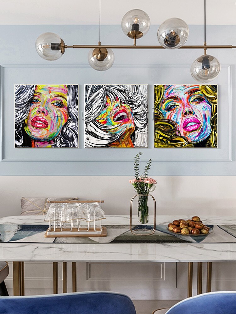 Juego de 3 paletas modernas pintadas a mano, retrato de mujer, pintura facial sobre lienzo, imágenes para decoración de pared de sala de estar Juego de 3 paletas modernas pintadas a mano, retrato de mujer, pintura facial sobre lienzo, imágenes para decoración de pared de sala de estar