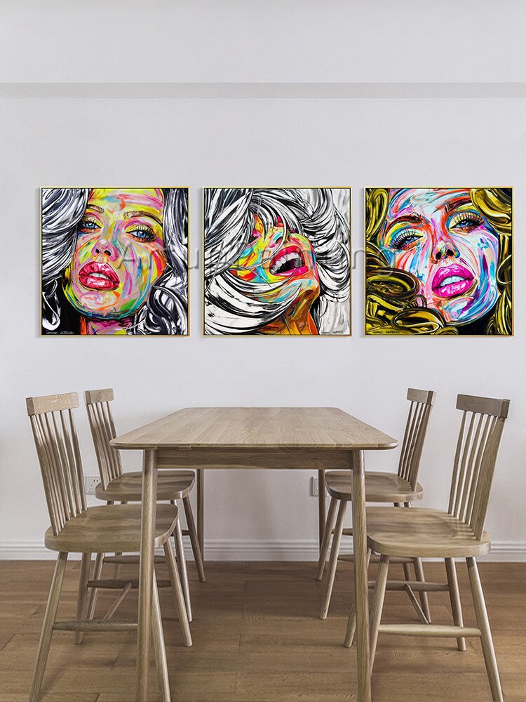 Juego de 3 paletas modernas pintadas a mano, retrato de mujer, pintura facial sobre lienzo, imágenes para decoración de pared de sala de estar Juego de 3 paletas modernas pintadas a mano, retrato de mujer, pintura facial sobre lienzo, imágenes para decoración de pared de sala de estar