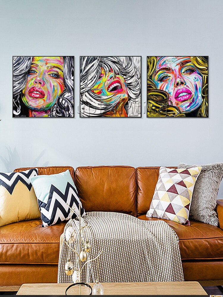 Juego de 3 paletas modernas pintadas a mano, retrato de mujer, pintura facial sobre lienzo, imágenes para decoración de pared de sala de estar Juego de 3 paletas modernas pintadas a mano, retrato de mujer, pintura facial sobre lienzo, imágenes para decoración de pared de sala de estar