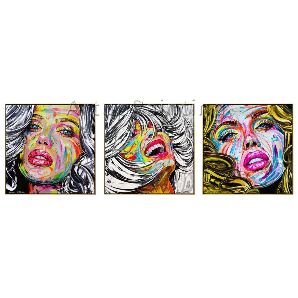 Juego de 3 paletas modernas pintadas a mano, retrato de mujer, pintura facial sobre lienzo, imágenes para decoración de pared de sala de estar Juego de 3 paletas modernas pintadas a mano, retrato de mujer, pintura facial sobre lienzo, imágenes para decoración de pared de sala de estar