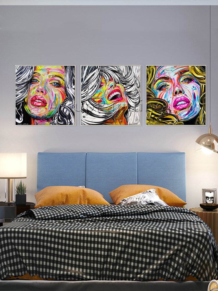 Juego de 3 paletas modernas pintadas a mano, retrato de mujer, pintura facial sobre lienzo, imágenes para decoración de pared de sala de estar Juego de 3 paletas modernas pintadas a mano, retrato de mujer, pintura facial sobre lienzo, imágenes para decoración de pared de sala de estar