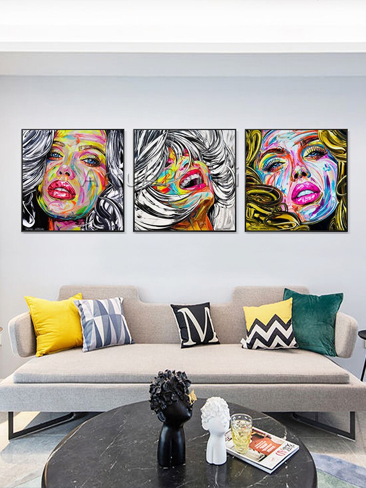 Juego de 3 paletas modernas pintadas a mano, retrato de mujer, pintura facial sobre lienzo, imágenes para decoración de pared de sala de estar Juego de 3 paletas modernas pintadas a mano, retrato de mujer, pintura facial sobre lienzo, imágenes para decoración de pared de sala de estar