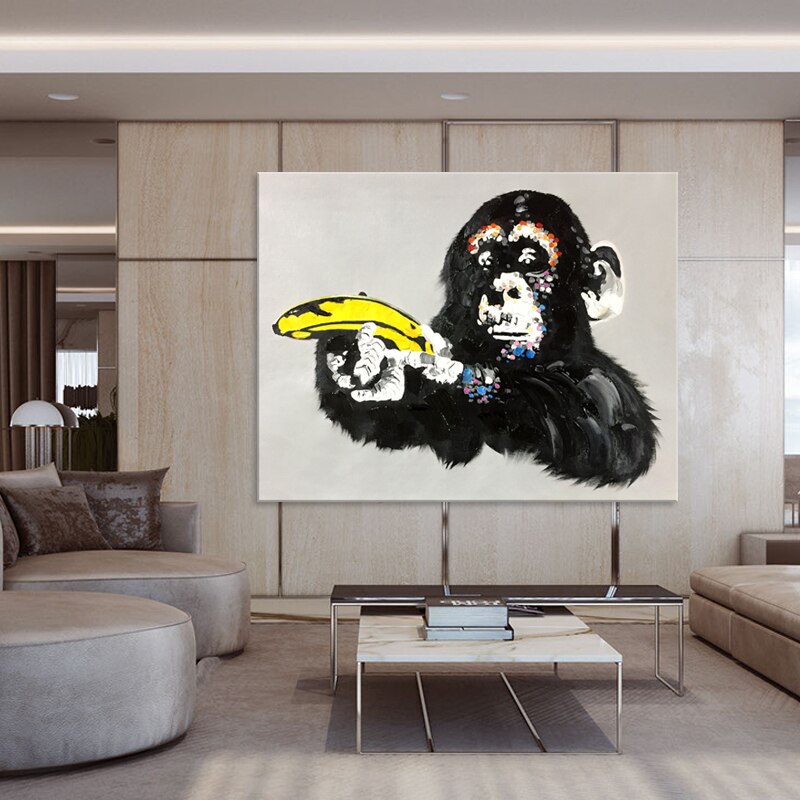 Pintura en lienzo de animales acrílicos para decoración del hogar, pintura de caudros, mano de mono con Plátano, imágenes artísticas de pared para sala de estar Pintura en lienzo de animales acrílicos para decoración del hogar, pintura de caudros, mano de mono con Plátano, imágenes artísticas de pared para sala de estar